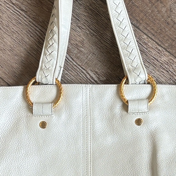 Elliott Lucca Pearly White Leather Shoulder Bag w Gold Ring Details & Hardware - Picture 2 of 8
